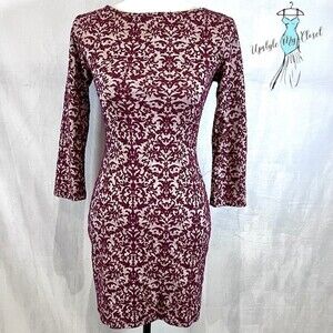 Burgundy and white printed long sleeve bodycon dress size XS